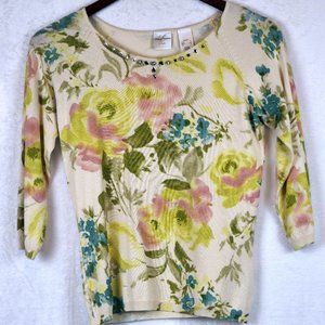 Emma James Petite Size S Soft Silk Cream Floral Crew Neck 3/4 Sleeve Sweater